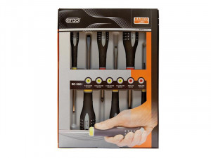 A boxed set of eight Bahco screwdrivers is displayed vertically, with black ergonomic handles. The packaging shows a hand gripping a screwdriver and indicates various head types and sizes.