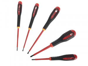 Five insulated screwdrivers with black and red handles are arranged on a white background. The set includes different sizes of flathead and Phillips screwdriver tips.,