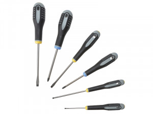 Six screwdrivers with black and gray handles are arranged on a white background. The set includes both flathead and Phillips head screwdrivers in various sizes.,