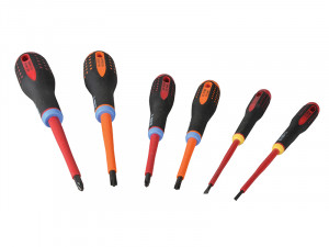 Six insulated screwdrivers with black and red handles, arranged in a row on a white background. The handles have textured grips and the shafts are red and orange, each with a different tip shape and size.