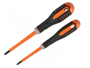 Two orange and black insulated Phillips screwdrivers with ergonomic handles, placed parallel to each other on a white background.