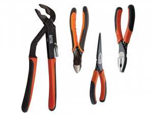 Four hand tools with black and orange handles are displayed: adjustable pliers, diagonal cutting pliers, long nose pliers, and combination pliers, all positioned upright on a white background.
