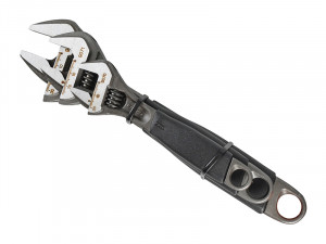 Three adjustable wrenches of different sizes are stacked together, secured with a plastic holder, and placed on a white background.