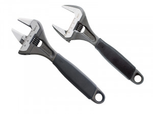 Two adjustable wrenches with black handles are shown side by side on a white background. The jaws are open at different widths, and measurement markings are visible on both wrenches.