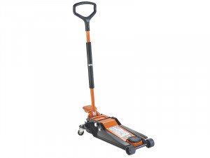 A hydraulic floor jack with a long handle, orange and black in color, designed for lifting vehicles. It has wheels for mobility and a flat lifting pad.