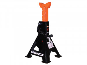 A black and orange Bahco 3-ton jack stand with a ratchet mechanism, used for supporting vehicles during maintenance, is shown on a white background.