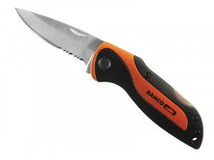 A folding pocket knife with a partially serrated stainless steel blade and a black and orange handle featuring the Bahco logo.,