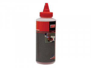 A plastic squeeze bottle with a red pointed cap, labeled Bahco Chalk Red, used for marking or construction. The label features a photo of chalk being poured and red, black, and gray design elements.