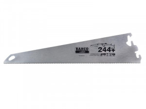 A Bahco 244+ hand saw blade with fine teeth, featuring a hole at one end and black printed branding and a fish graphic on the metal blade. The blade is silver and triangular in shape.