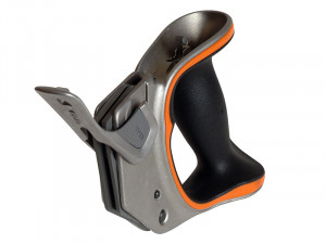 A close-up of a handheld tool with a black ergonomic grip, metallic body, and orange accents, designed for heavy-duty use, commonly used in construction or home improvement tasks.