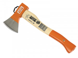 A small hand axe with an orange blade cover and an orange handle tip, featuring a wooden handle and a barcode label, displayed on a white background.