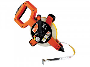 An orange and black measuring tape reel with a handle, labeled BALCO, featuring a long, extended white tape marked with measurements up to 300 meters.