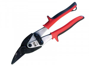 A pair of aviation snips with red and black handles, featuring angled black cutting blades and a metal joint. The tool is designed for cutting sheet metal.