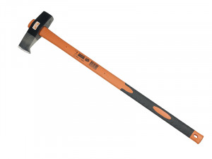 A splitting maul with an orange and black handle, featuring a heavy, wedge-shaped metal head used for splitting wood.