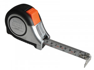 A metal tape measure with a black and silver body, orange lock button, and extended measuring tape showing both centimeters and inches.