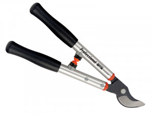A pair of silver and black professional garden loppers with curved blades and black handles, designed for trimming branches and plants.