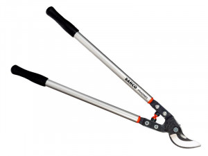 A pair of Bahco loppers with long silver handles, black grips, and sharp curved blades, used for pruning branches.