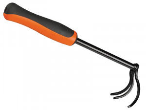A handheld garden cultivator with a black and orange ergonomic handle and three curved metal prongs.,