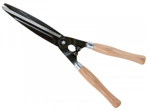 A pair of garden hedge shears with long black metal blades and light wooden handles, shown on a white background.