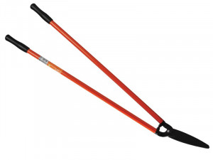 A pair of long-handled red loppers with black grips and black cutting blades, positioned diagonally on a white background.