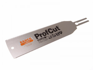 A Bahco ProfCut pull saw blade with fine and coarse teeth on each side, silver in color with product information printed on the surface, shown against a white background.