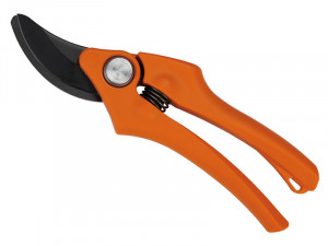 Orange-handled garden pruners with a black curved blade and a spring mechanism visible near the hinge.,