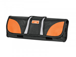 A black and orange fabric tool roll with a Velcro flap and a Bahco logo on the front, designed for holding and organizing tools.