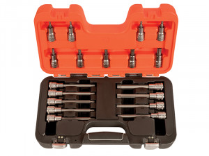 An open orange and black plastic case displaying a set of metal hex bit sockets, with eight bits in the lid and nine in the base, all organized in fitted slots.
