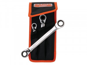 A black and orange Bahco tool pouch holding three ratcheting wrenches of different sizes, with the Bahco logo visible on the pouch flap.