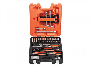 A black and orange tool kit case open to display various tools, including wrenches, screwdrivers, pliers, and sockets, neatly organized in designated slots.