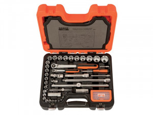 An open orange and black Bahco tool case showing an organized socket and ratchet set, including assorted sockets, wrenches, extensions, and screwdrivers inside molded compartments.