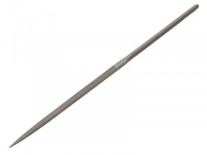 A metal file with a long, thin, cylindrical shape and a pointed tip, used for smoothing or shaping materials. The surface has a textured grip for filing. The background is plain white.