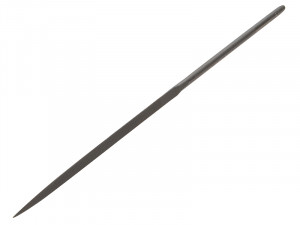 A long, thin metal file with a pointed tip and fine ridges along its length, used for smoothing or shaping materials like metal or wood.
