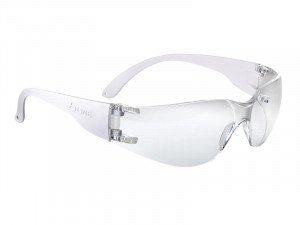 Clear plastic safety glasses with wraparound lenses and curved arms, designed to protect the eyes. The frame and lenses are transparent, and the glasses have a simple, functional design.
