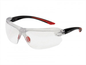 Clear safety glasses with wraparound lenses, black and red arms, and a slightly curved design for protective eyewear.