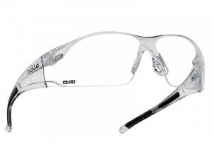 Clear safety glasses with a wraparound design, transparent lenses, and slightly curved arms. The frame has Bollé branding and a small HD logo on the left lens.