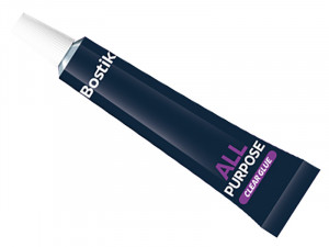A dark blue tube of Bostik All Purpose Clear Glue with a white cap. The text on the tube is white and purple, and the product appears unopened.