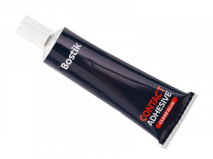 A black tube of Bostik Contact Adhesive with a white cap, labeled CONTACT ADHESIVE CLEAR GLUE in red and white text on the front.
