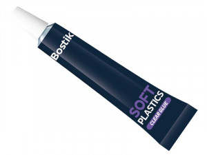 A dark blue tube of Bostik clear glue labeled SOFT PLASTICS with a white screw cap, designed for bonding soft plastics.