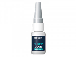 A small white bottle of Bostik Super Glue with a gray, ribbed cap and a dark blue label displaying the words SUPER GLUE in bold turquoise letters.