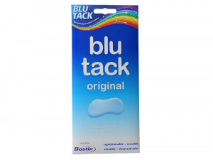 A rectangular pack of Blu Tack Original by Bostik, featuring blue and white gradient packaging with a small image of the tack and text describing it as repositionable, reusable, versatile, clean, and safe.