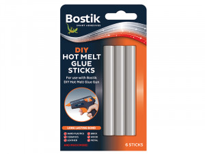 A package of Bostik DIY Hot Melt Glue Sticks, containing six sticks. The packaging highlights compatibility with various materials and features a photo of the glue sticks and a hot glue gun in use.