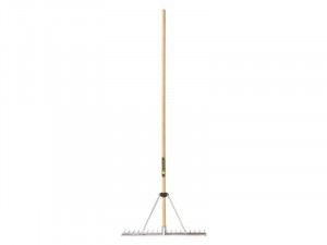 A garden rake with a long wooden handle and a wide metal head featuring multiple short, evenly spaced tines, photographed on a white background.