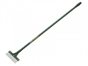 A long-handled floor scraper with a flat metal blade and a black rubber grip, designed for removing flooring materials like tile or carpet. The handle is green with a label near the blade.