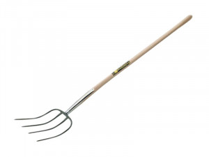 A garden pitchfork with four metal tines and a long wooden handle, photographed on a white background.