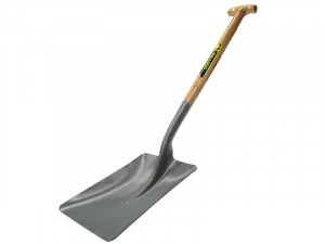A long-handled shovel with a flat, rectangular metal blade and a wooden handle with a T-shaped grip, designed for digging or moving materials.