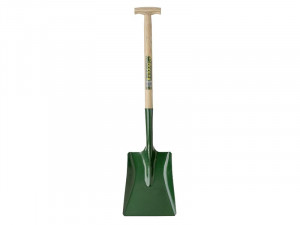 A green square-bladed shovel with a wooden handle and T-shaped grip, standing upright against a white background.