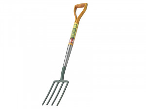 A garden fork with a wooden handle and four metal tines, shown against a white background. The handle has a D-shaped grip and a label attached to the shaft.
