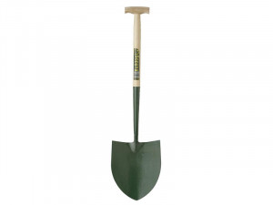A gardening shovel with a wooden handle and a green, pointed metal blade. The handle has a T-shaped grip at the top.
