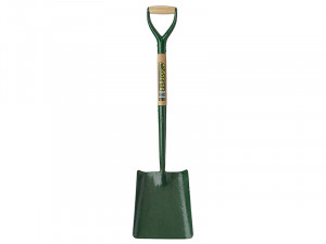 A green square-bladed garden spade with a wooden handle grip and a label on the shaft, standing upright on a white background.